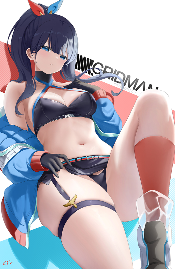 1girl bare_shoulders black_gloves black_panties blue_eyes blue_hair blue_jacket breasts commentary_request crop_top cyicheng gloves gridman_universe halterneck jacket knee_up long_hair long_sleeves medium_breasts midriff navel off_shoulder open_clothes open_jacket panties ponytail solo ssss.gridman stomach takarada_rikka thigh_strap thighs underwear