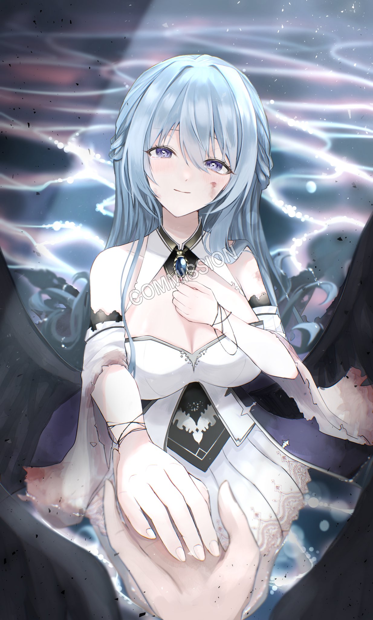 1girl azur_lane bare_shoulders black_wings blue_hair blush closed_mouth commander_(azur_lane) commission dress feathered_wings hand_on_own_chest happy_tears highres holding_hands long_hair looking_at_viewer purple_eyes rodney_(azur_lane) rodney_(meta)_(azur_lane) skeb_commission smile suyosuyo tears water white_dress wings