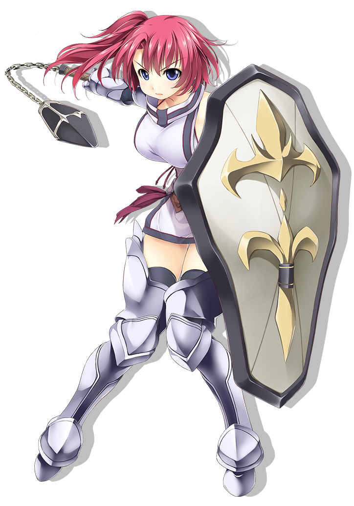 armored_boots atelier-moo bare_shoulders blue_eyes boots breasts closed_mouth curtained_hair detached_sleeves flail hair_between_eyes holding holding_flail holding_shield holding_weapon large_breasts long_hair pigeon-toed red_hair shield side_ponytail sideboob skirt spica_celest standing thighs weapon wizards_symphony zettai_ryouiki