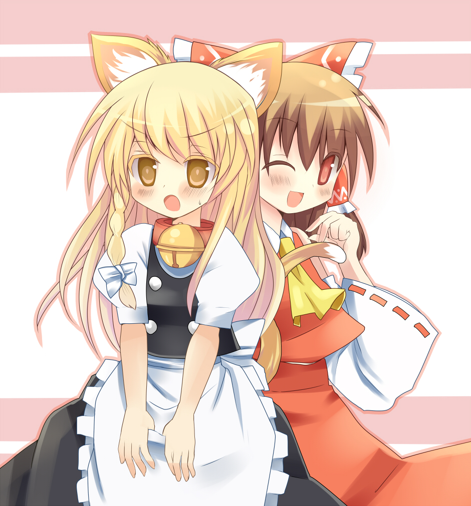 2girls animal_collar animal_ear_fluff animal_ears apron ascot bell black_vest blonde_hair blush bow braid brown_eyes cat_ears cat_tail collar commentary_request detached_sleeves frilled_bow frilled_hair_tubes frills hair_bow hair_tubes hakurei_reimu kirisame_marisa long_hair multiple_girls neck_bell no_headwear one_eye_closed open_mouth puffy_short_sleeves puffy_sleeves red_bow red_collar red_eyes red_skirt ribbon-trimmed_sleeves ribbon_trim short_sleeves side_braid single_braid skirt skirt_set smile sweatdrop tail touhou tsunono vest waist_apron white_apron white_bow yellow_ascot