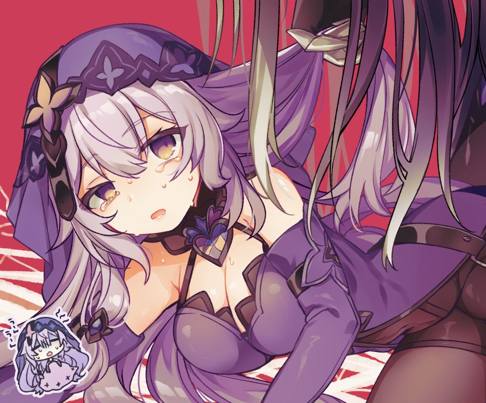 2girls acheron_(honkai:_star_rail) bare_shoulders black_swan_(honkai:_star_rail) breasts chibi cleavage commentary_request crying crying_with_eyes_open dress grabbing_another's_hair grey_hair honkai:_star_rail honkai_(series) hoshihuri large_breasts long_hair multiple_girls open_mouth pantyhose purple_dress red_background sleeveless sleeveless_dress solo_focus sweat tears veil very_long_hair yellow_eyes yuri