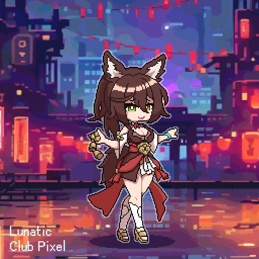 1girl :d animal_ear_fluff animal_ears artist_name bell bracelet breasts bright_pupils brown_dress brown_hair chinese_commentary city commentary_request detached_sleeves dress fox_ears fox_girl fox_tail full_body green_bracelet green_eyes hair_between_eyes hair_intakes holding holding_bell honkai:_star_rail honkai_(series) jewelry lunatic_club medium_breasts night outstretched_arms pixel_art red_sash sandals sash short_dress smile solo spread_arms tail teeth tingyun_(honkai:_star_rail) upper_teeth_only white_pupils yellow_footwear