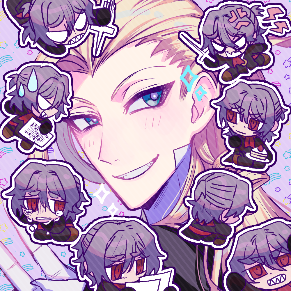 2boys anger_vein angry antonio_salieri_(fate) antonio_salieri_(second_ascension)_(fate) ascot black_jacket black_pants blonde_hair blue_eyes brown_footwear cake chibi clenched_teeth crying crying_with_eyes_open fangs fate/grand_order fate_(series) food fork gloves grey_hair grin hair_between_eyes hair_intakes half_updo holding holding_fork holding_knife holding_paper holding_weapon jacket knife lightning_bolt_symbol long_hair looking_at_another looking_at_viewer male_focus multiple_boys nekohai_darake open_mouth outline pants paper purple_background red_ascot red_eyes sharp_teeth sheet_music shoes simple_background sitting smile sparkle star_(symbol) sweatdrop tears teeth upper_body v v-shaped_eyes weapon white_gloves white_outline wolfgang_amadeus_mozart_(fate)