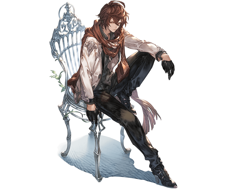 1boy ahoge annoyed arm_on_knee bishounen black_gloves black_shirt boots brown_hair brown_scarf buttons chair dress_shirt floating_scarf full_body gloves granblue_fantasy hair_between_eyes high_heel_boots high_heels jacket knee_up light_frown looking_to_the_side minaba_hideo official_alternate_costume official_art on_chair open_clothes open_jacket plant red_eyes sandalphon_(granblue_fantasy) scarf shadow shirt tachi-e transparent_background vines white_jacket