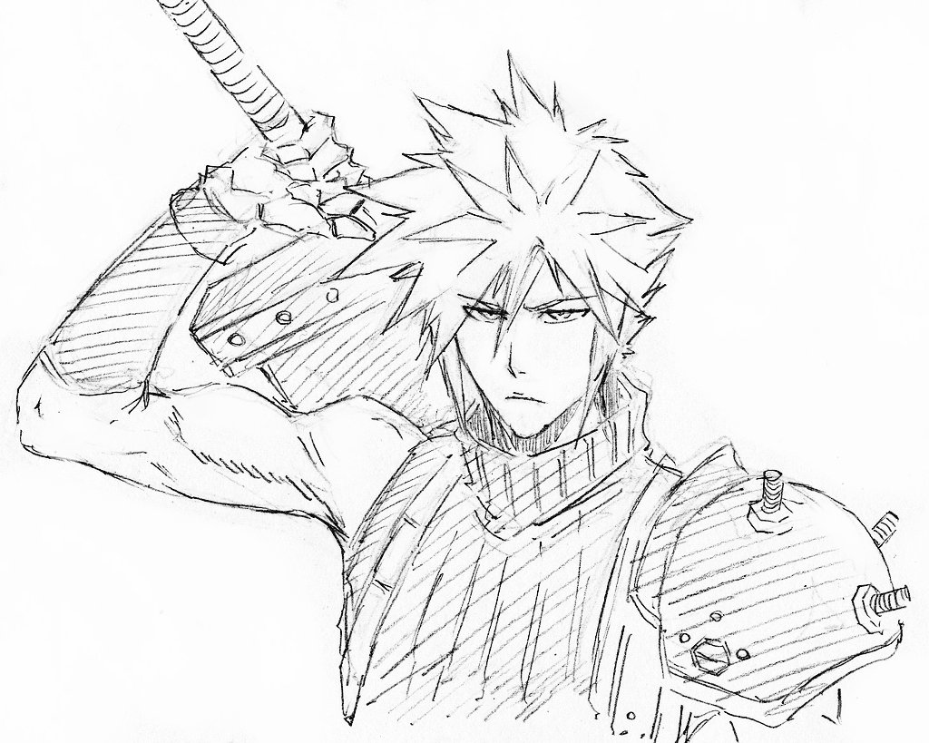 1boy arm_up closed_mouth cloud_strife final_fantasy final_fantasy_vii hair_between_eyes holding holding_sword holding_weapon kubo_tite_(style) looking_at_viewer monochrome muscular muscular_male nose parody rakusakugk serious short_hair simple_background sketch solo spiked_hair style_parody sword tsurime upper_body v-shaped_eyebrows weapon white_background