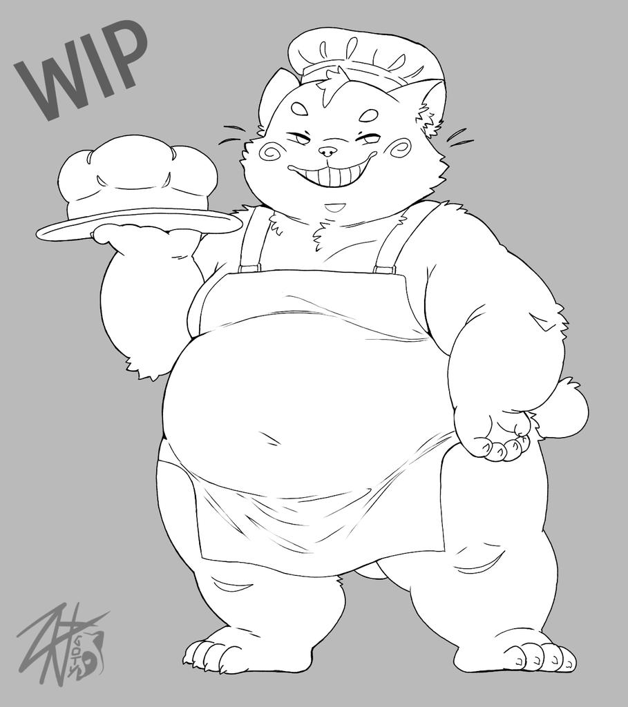anthro apron apron_only bread clothed clothing domestic_cat felid feline felis food male mammal slightly_chubby slightly_chubby_male smile solo unfinished zkott