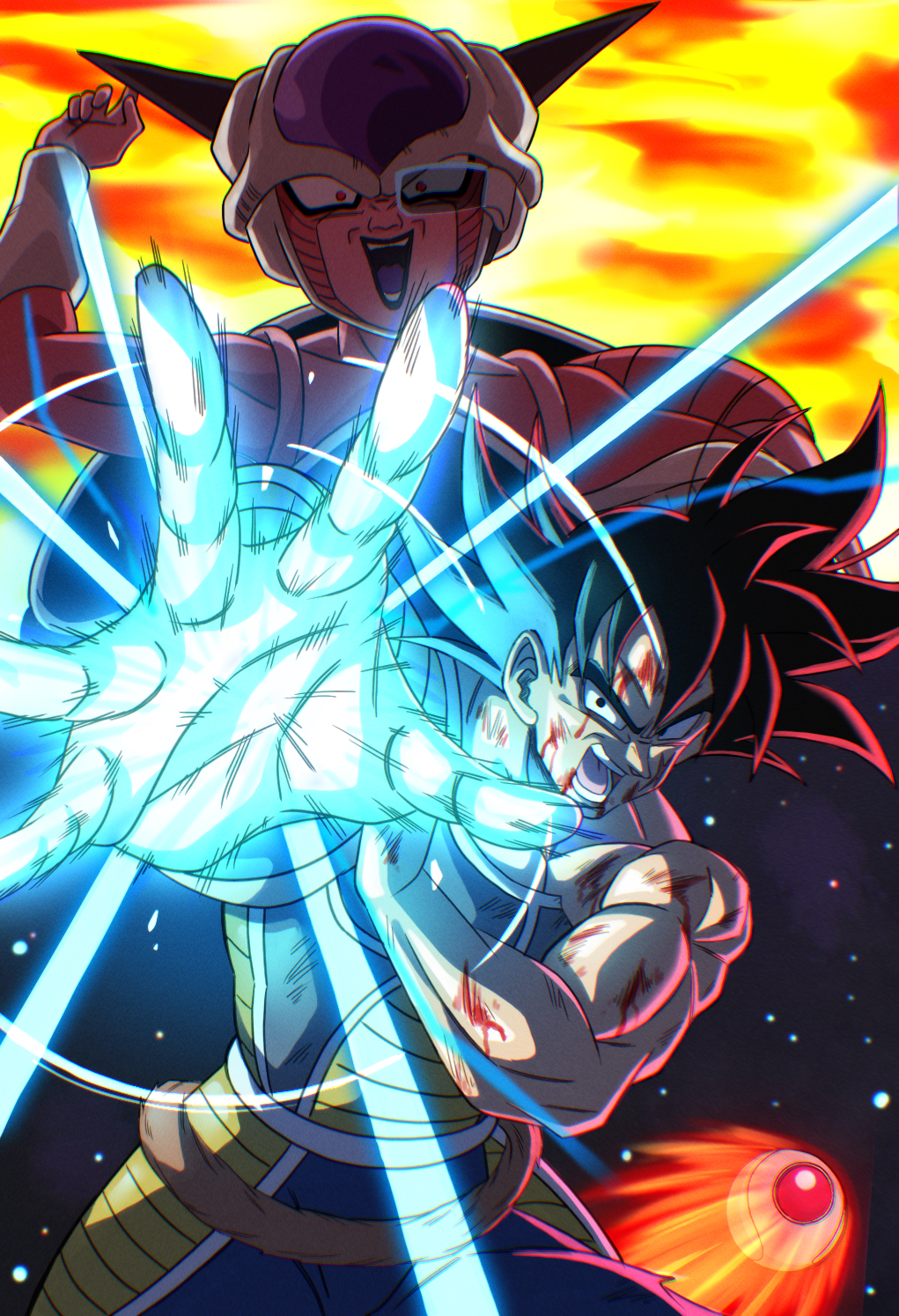 2boys aura bardock black_eyes black_hair buraku_black colored_skin dragon_ball dragon_ball_super dragon_ball_super_broly energy firing frieza highres horns monkey_tail multiple_boys muscular muscular_male pink_skin red_eyes saiyan_armor scar scar_on_face scouter space spacecraft spiked_hair tail