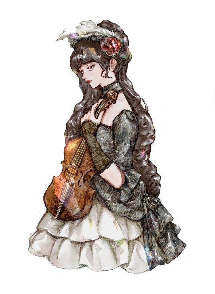 1girl black_dress black_hair bonnet brown_eyes brown_hair choker closed_mouth commentary_request cropped_legs dress flower frilled_choker frills grey_dress hair_flower hair_ornament holding holding_instrument instrument korean_commentary lace lace_sleeves long_hair long_sleeves makeup music original red_flower red_lips rose saelah_andlus simple_background solo sparkle very_long_hair violin white_background