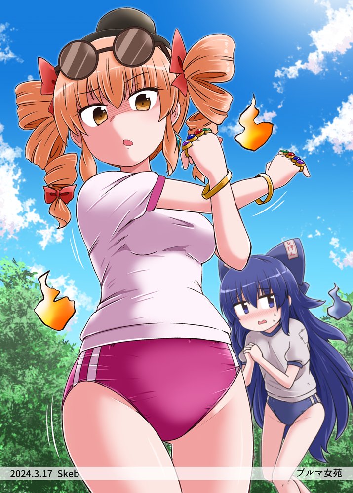 2girls blue_bow blue_eyes blue_hair bow breasts brown_eyes commission cowboy_shot diamond_earrings drill_hair earrings eyewear_on_head from_below gym_uniform hair_bow hat jewelry kousei_(public_planet) looking_at_viewer multiple_girls open_mouth orange_hair outdoors puffy_short_sleeves puffy_sleeves ring shirt short_sleeves skeb_commission top_hat touhou white_shirt yorigami_jo'on yorigami_shion