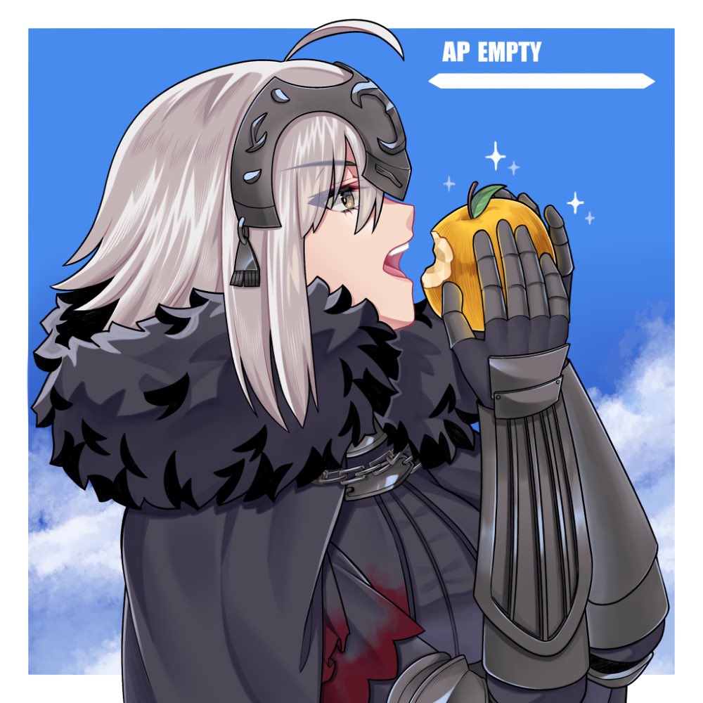 1girl ahoge akio_(akio1124) apple black_cape cape chain cloud commentary_request fate/grand_order fate_(series) food from_side fruit fur-trimmed_cape fur_trim gameplay_mechanics headpiece holding holding_food holding_fruit jeanne_d'arc_alter_(fate) open_mouth sky solo vambraces white_hair yellow_eyes