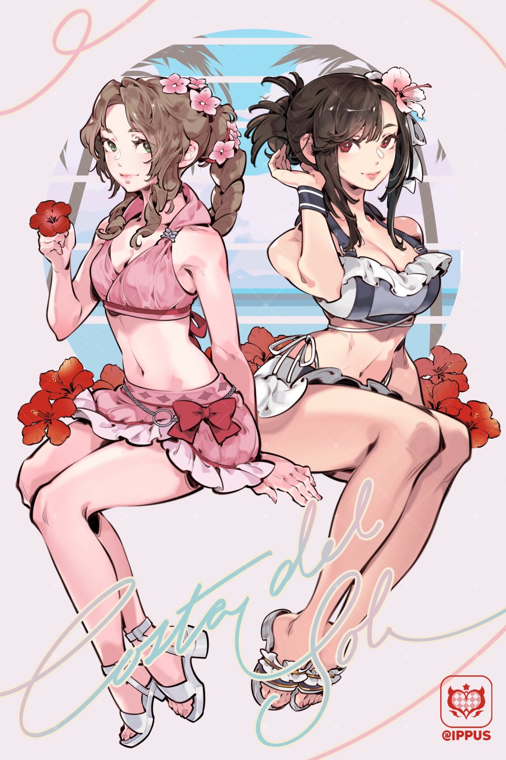 2girls aerith_gainsborough aerith_gainsborough_(pink_mermaid) beach bikini bikini_skirt black_hair braid braided_ponytail breasts brown_eyes brown_hair cleavage commentary drill_hair final_fantasy final_fantasy_vii final_fantasy_vii_rebirth final_fantasy_vii_remake flower frilled_bikini frills green_eyes hair_flower hair_ornament highres ippus large_breasts medium_breasts microskirt multiple_girls official_alternate_costume official_alternate_hairstyle palm_tree pink_bikini sandals sitting skirt smile swimsuit symbol-only_commentary thong_bikini tifa_lockhart tifa_lockhart_(shining_spirit) tree twin_drills white_bikini