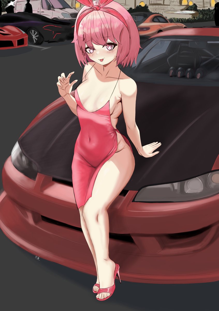 1girl aciverious_tippoline ahoge blush bow breasts cleavage dress gala_dress hair_ornament hair_ribbon high_heels highres hip_vent indie_virtual_youtuber looking_at_viewer nissan_s15_silvia nissan_silvia non-web_source pink_eyes pink_hair pinku_berry ribbon sideless_outfit sitting sitting_on_object small_breasts smile solo virtual_youtuber