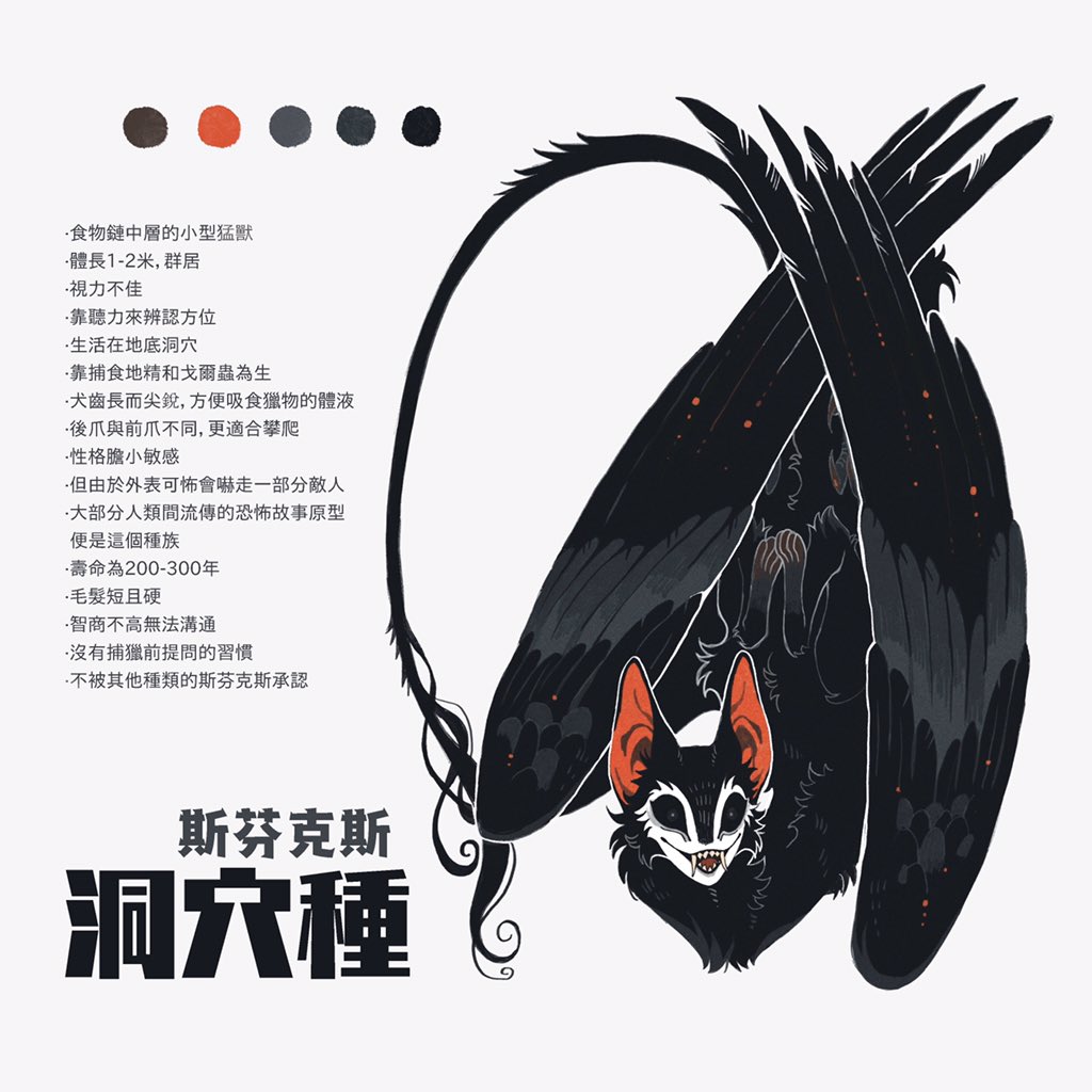 animal_ears black_sclera black_tail black_wings blue_pupils cat_ears chinese_text color_guide colored_sclera commentary english_commentary fangs feathered_wings from_above juanmao looking_at_viewer no_humans open_mouth original outline sharp_teeth simple_background smile solo sphinx teeth text_focus translation_request white_background white_outline wide-eyed wings