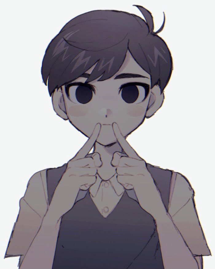 1boy antenna_hair black_eyes black_hair black_sweater_vest buttons closed_mouth collared_shirt cross-eyed expressionless hair_behind_ear index_finger_raised no_pupils omori shirt short_hair short_sleeves solo straight-on sunny_(omori) sweater_vest thxzmgn upper_body white_background white_shirt