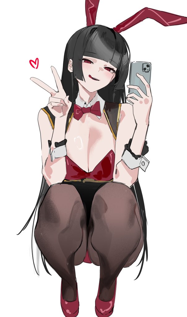 1girl animal_ears black_hair black_pantyhose black_skirt blunt_bangs blush bow bowtie breasts cellphone cleavage commentary_request detached_collar fake_animal_ears half-closed_eyes hand_up head_tilt heart holding holding_phone huge_breasts jiu_ye_sang leotard licking_lips long_hair looking_at_viewer open_mouth original pantyhose phone playboy_bunny rabbit_ears red_bow red_bowtie red_eyes red_footwear red_leotard selfie shoes sidelocks simple_background skirt smartphone smile solo squatting straight_hair tongue tongue_out traditional_bowtie v white_background white_wrist_cuffs wrist_cuffs