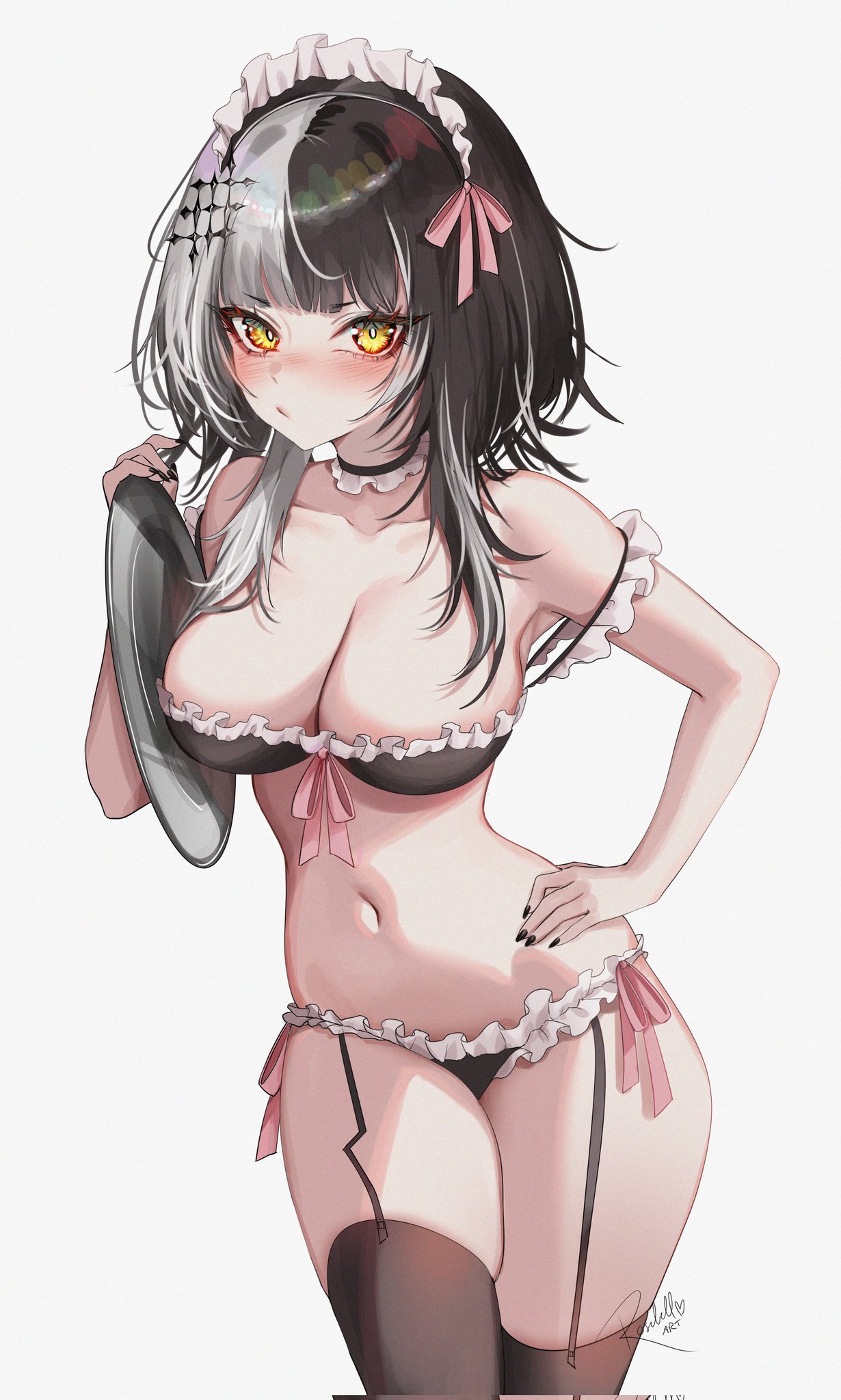 1girl alternate_costume bare_arms bare_shoulders bikini black_bikini black_garter_straps black_hair black_thighhighs blush breasts choker cleavage closed_mouth corrupted_twitter_file cowboy_shot english_commentary frilled_bikini frilled_choker frills garter_straps hair_ornament hand_on_own_hip highres hololive hololive_english large_breasts looking_at_viewer maid maid_bikini maid_headdress multicolored_hair navel rosebell shiori_novella short_hair_with_long_locks signature simple_background solo split-color_hair stomach strap_slip streaked_hair swimsuit thighhighs tray unconventional_maid white_background white_hair white_headdress yellow_eyes