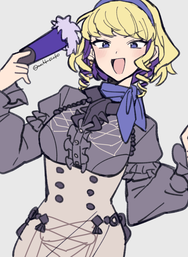 1girl blonde_hair blue_scarf blush buttons center_frills colored_inner_hair commentary constance_von_nuvelle do_m_kaeru drill_hair drill_sidelocks earrings fire_emblem fire_emblem:_three_houses frills garreg_mach_monastery_uniform grey_background hairband hand_fan holding holding_fan jewelry long_sleeves looking_at_viewer multicolored_hair open_mouth purple_eyes purple_hair purple_hairband scarf short_hair sidelocks simple_background smile solo twin_drills twitter_username
