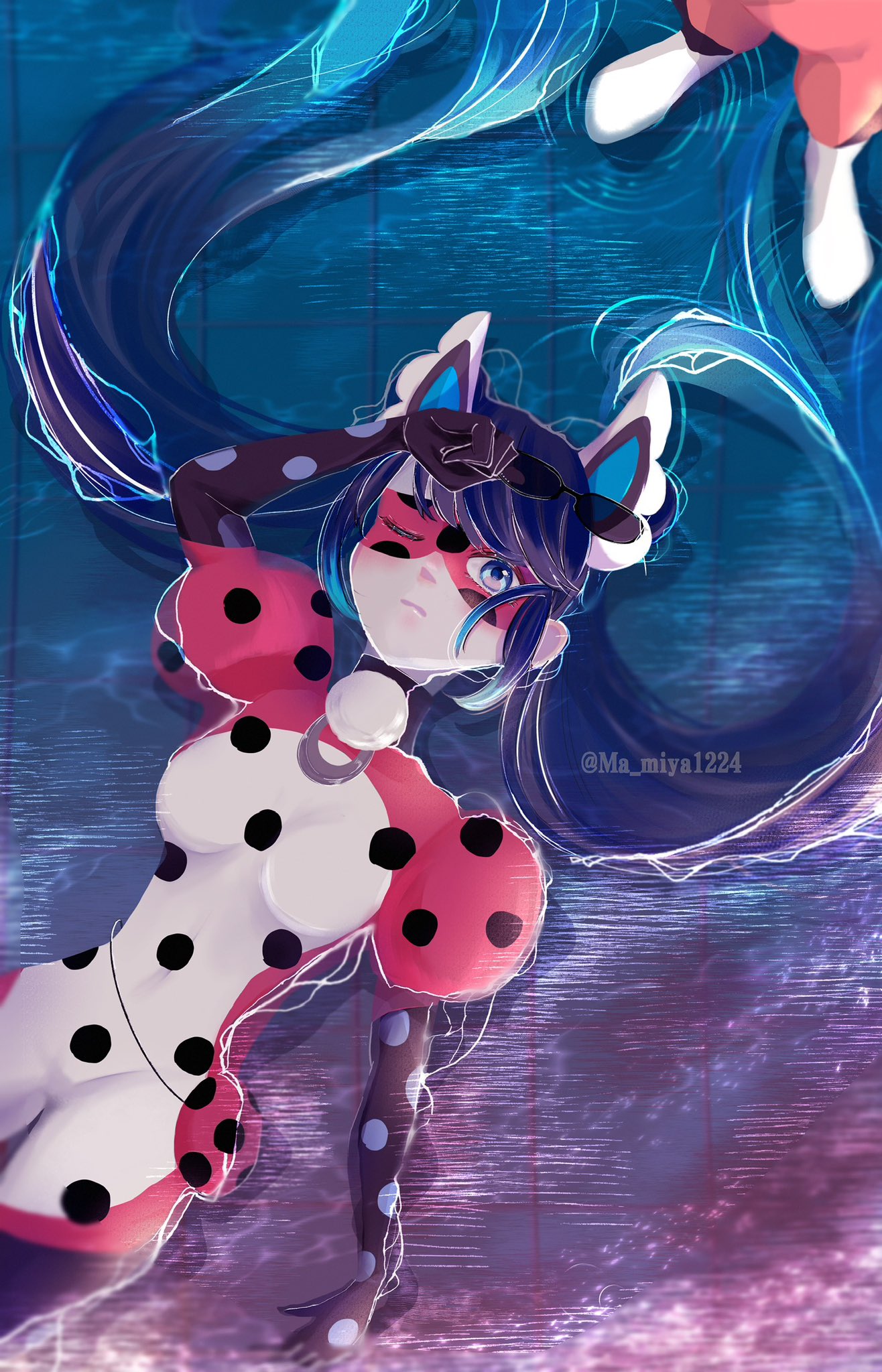 1girl blue_background blue_eyes blue_hair bodysuit closed_mouth eyewear_on_head glasses head_wings highres long_hair ma_miya1224 marinette_dupain-cheng miraculous_ladybug one_eye_closed pennybug_(character) red_bodysuit red_mask superhero_costume twintails water wings