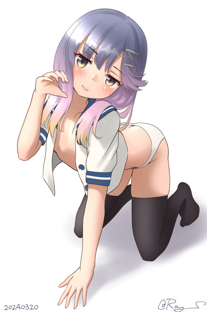 1girl all_fours black_thighhighs blue_sailor_collar breasts gradient_hair hair_down kantai_collection multicolored_hair one-hour_drawing_challenge open_clothes open_shirt panties purple_eyes purple_hair ray.s sailor_collar sailor_shirt shirt simple_background small_breasts smile solo thighhighs tsushima_(kancolle) underwear white_background white_panties white_shirt