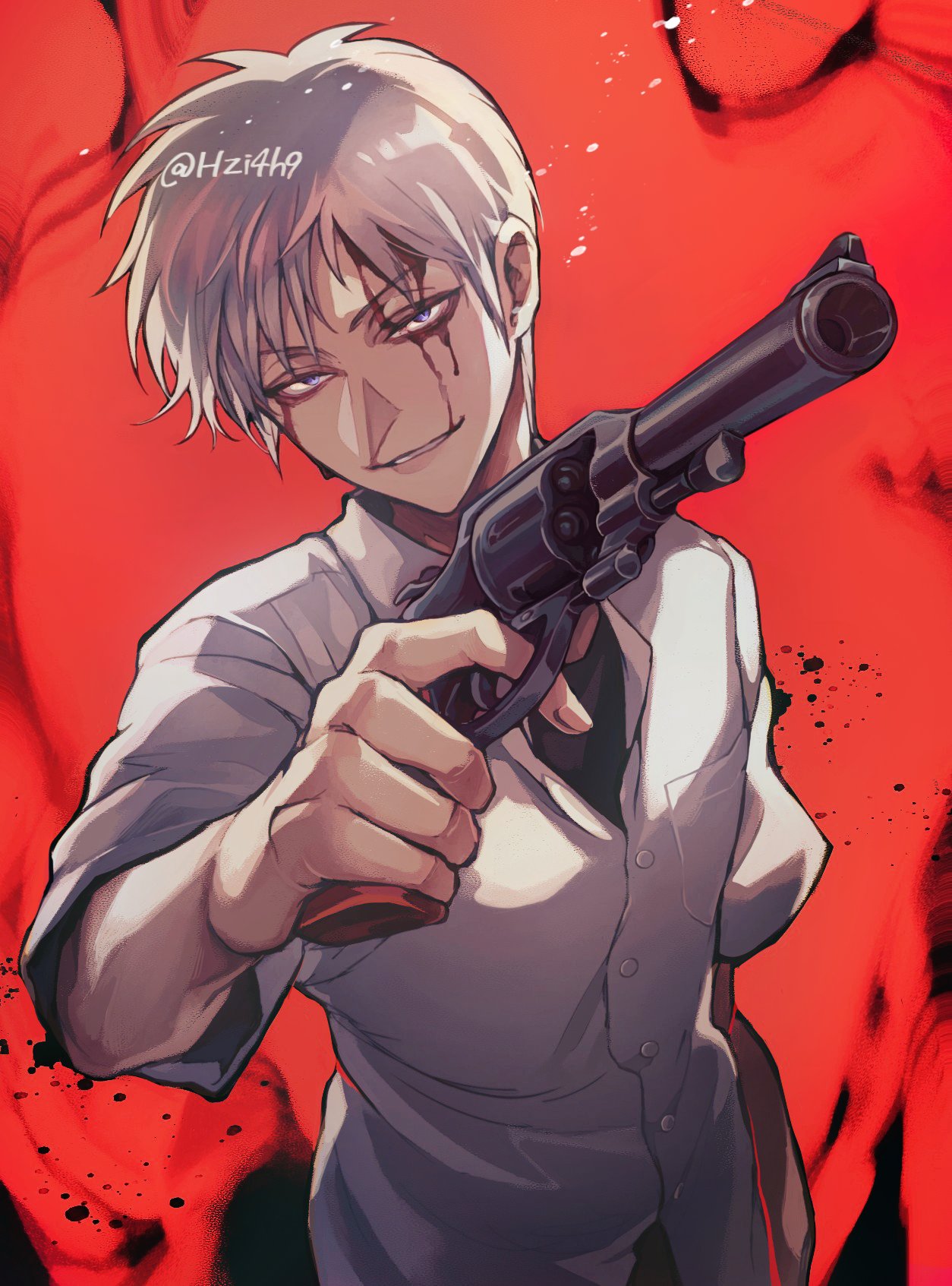 1boy aiming aiming_at_viewer akagi:_yami_ni_oritatta_tensai akagi_shigeru blood blood_on_face evil_grin evil_smile finger_on_trigger fukumoto_mahjong grin gun highres hzi4h9 looking_at_viewer pointy_nose purple_eyes red_background revolver shirt signature smile twitter_username weapon white_hair white_shirt