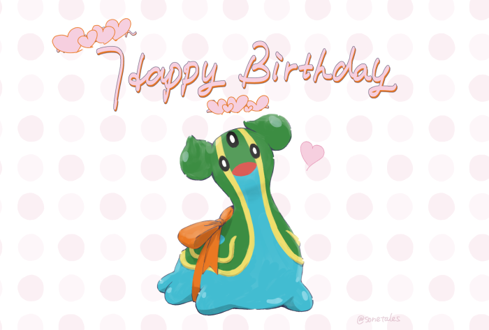 black_eyes bow bright_pupils commentary_request dotted_background gastrodon gastrodon_(east) happy_birthday heart looking_at_viewer no_humans open_mouth orange_bow pokemon pokemon_(creature) smile sonetales white_pupils