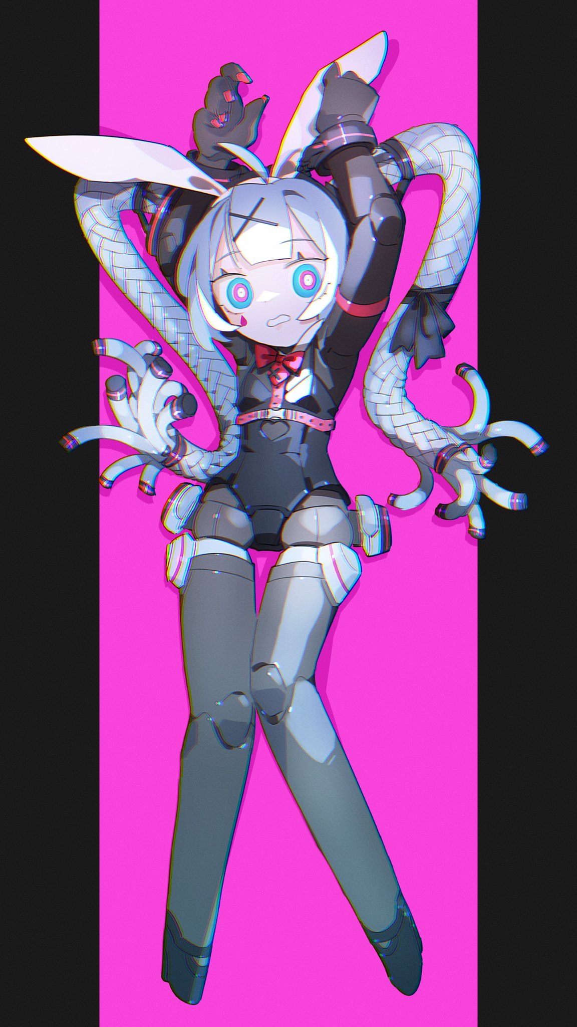 1girl animal_ears arms_up black_leotard blue_eyes blue_hair bow bowtie breasts bright_pupils cable_hair cheri_zao clothing_cutout cuffs cutout_above_navel fake_animal_ears hair_ornament handcuffs hatsune_miku heart_cutout highres joints leotard long_hair necktie pink_background pink_pupils pink_theme playboy_bunny rabbit_ears rabbit_hole_(vocaloid) red_bow red_bowtie red_necktie restrained robot_girl robot_joints small_breasts solo twintails vocaloid white_pupils x_hair_ornament