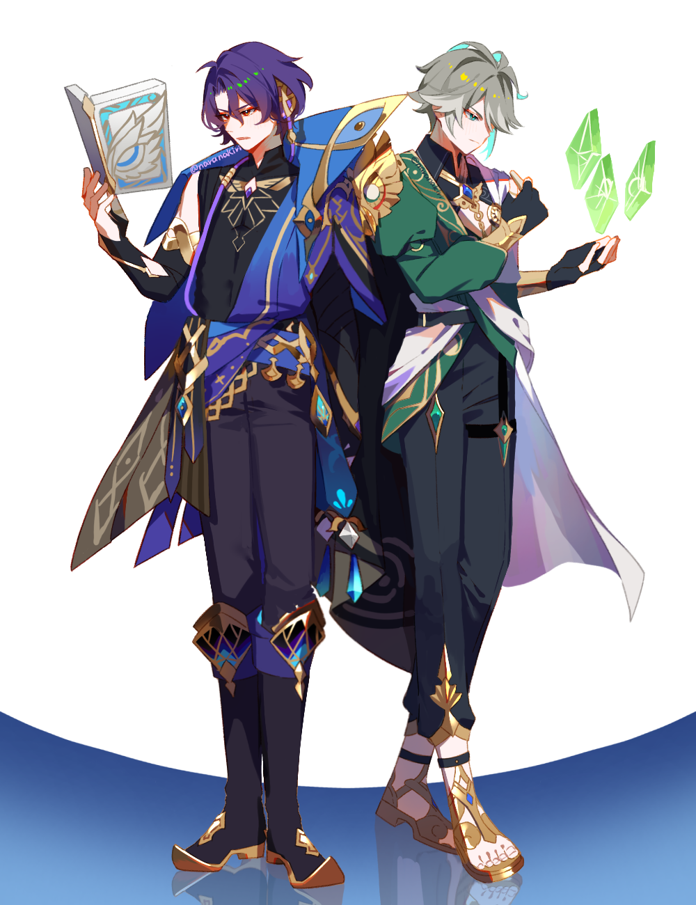 2boys alhaitham_(genshin_impact) alhaitham_(genshin_impact)_(cosplay) alternate_color arm_at_side book boots cape closed_mouth colored_inner_hair compression_shirt cosplay costume_switch crossover dr._ratio_(honkai:_star_rail) dr._ratio_(honkai:_star_rail)_(cosplay) fingerless_gloves floating floating_object full_body gem genshin_impact gloves green_eyes green_hair grey_hair hair_between_eyes hair_over_one_eye hand_up hands_up headphones highres honkai:_star_rail honkai_(series) jewelry looking_at_object male_focus mihoyo multicolored_eyes multicolored_hair multiple_boys nara_nakiri open_book pants parted_bangs parted_lips partially_shaded_face purple_hair red_eyes sandals shirt short_hair standing toes tunic twitter_username two-tone_hair yellow_eyes