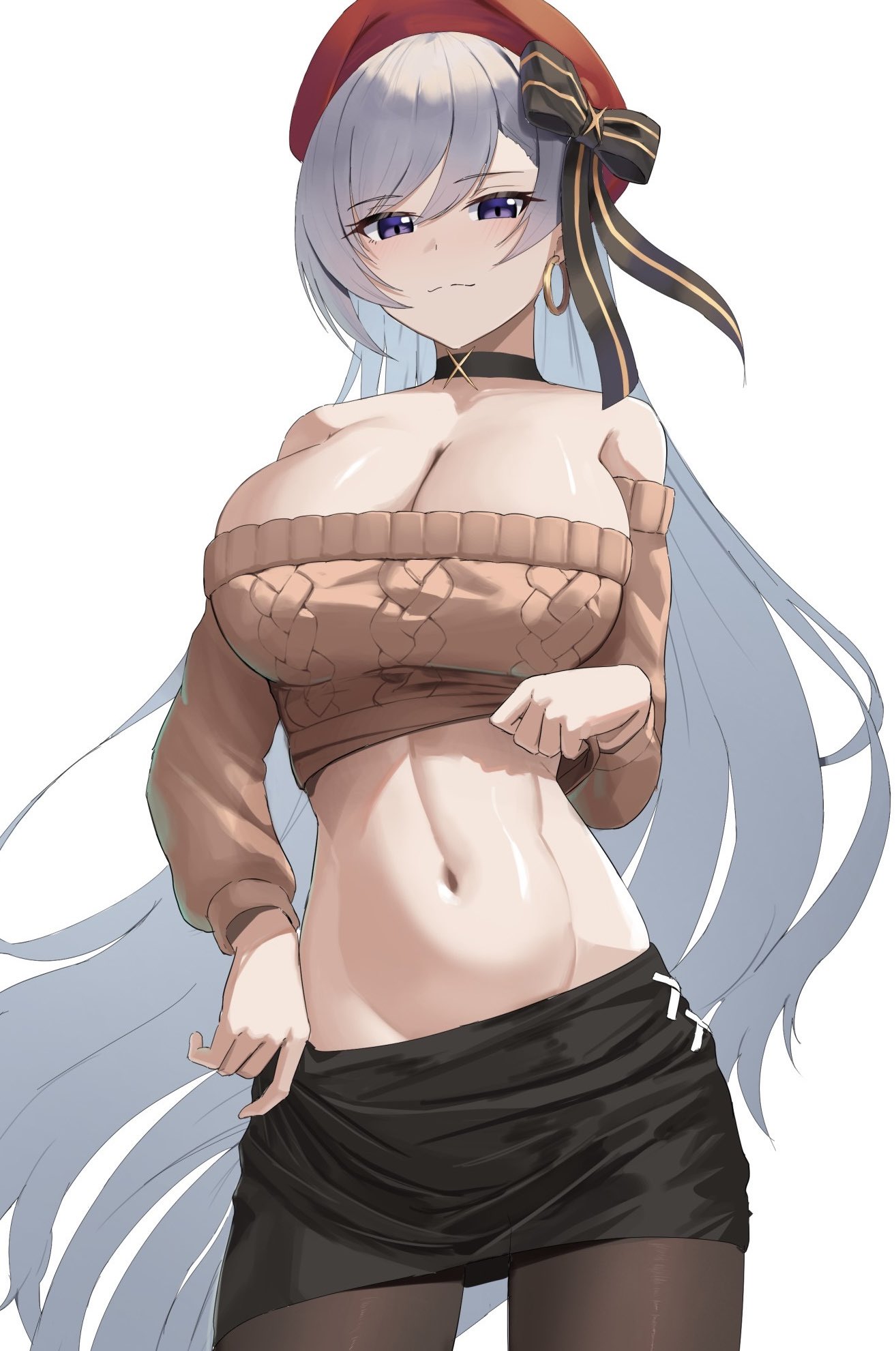 1girl aran_sweater azur_lane bare_shoulders belfast_(azur_lane) belfast_(shopping_with_the_head_maid)_(azur_lane) beret black_bow black_pantyhose black_skirt bow breasts brown_sweater cable_knit cleavage commentary_request cowboy_shot crop_top earrings grey_hair hair_bow hat highres hoop_earrings jewelry large_breasts lom_(lom_lom_8) long_hair long_sleeves looking_at_viewer midriff miniskirt navel off-shoulder_sweater off_shoulder pantyhose pencil_skirt purple_eyes red_hat simple_background skirt smile solo standing stomach sweater very_long_hair white_background