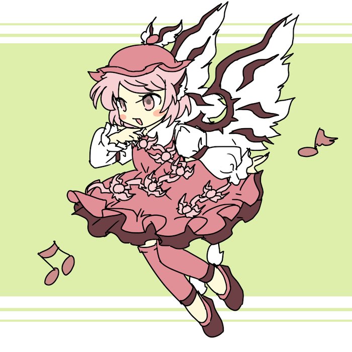 1girl animal_ears beamed_eighth_notes bird_ears bird_wings black_footwear blush_stickers brown_dress brown_hat chamaruk collared_shirt dress eighth_note frilled_dress frilled_sleeves frills full_body hat long_sleeves musical_note mystia_lorelei open_mouth pink_eyes pink_hair shirt shoes short_hair sleeve_garter solo touhou white_shirt white_wings winged_footwear winged_hat wings