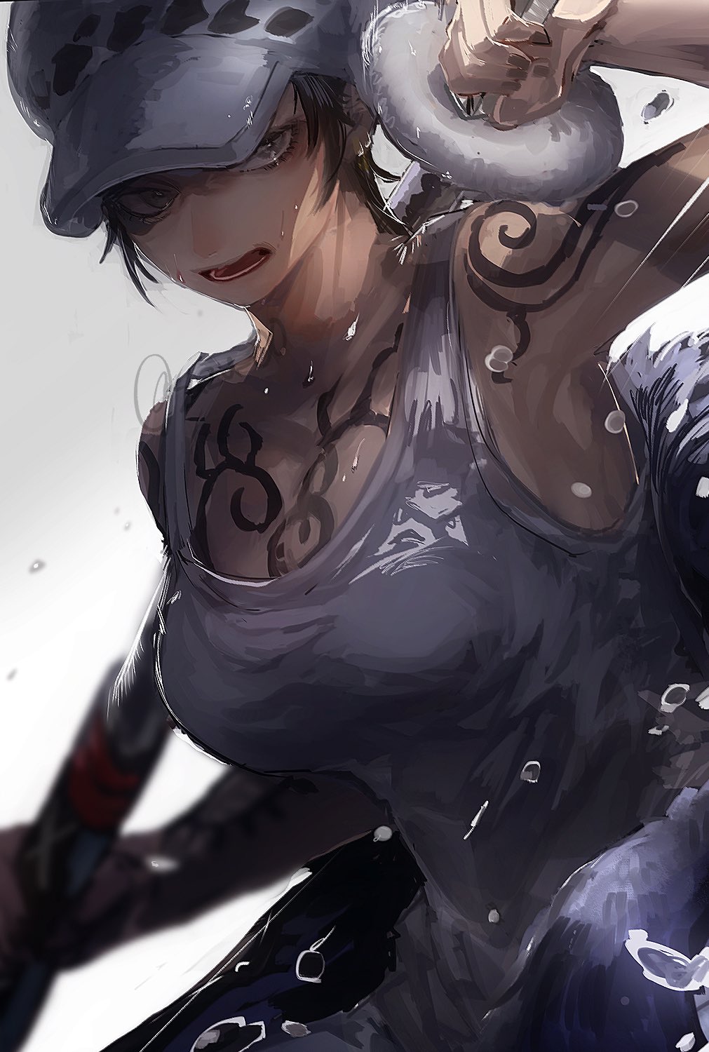 1girl arm_tattoo arm_up armpits bare_arms bare_shoulders black_hair blurry blurry_background breasts camisole chest_tattoo commentary fingernails genderswap genderswap_(mtf) hat highres holding holding_sheath holding_sword holding_weapon looking_at_viewer one_piece open_mouth sazu_00 scabbard sheath short_hair shoulder_tattoo solo sword symbol-only_commentary tattoo taut_camisole taut_clothes trafalgar_law unsheathing upper_body weapon wet wet_face white_camisole