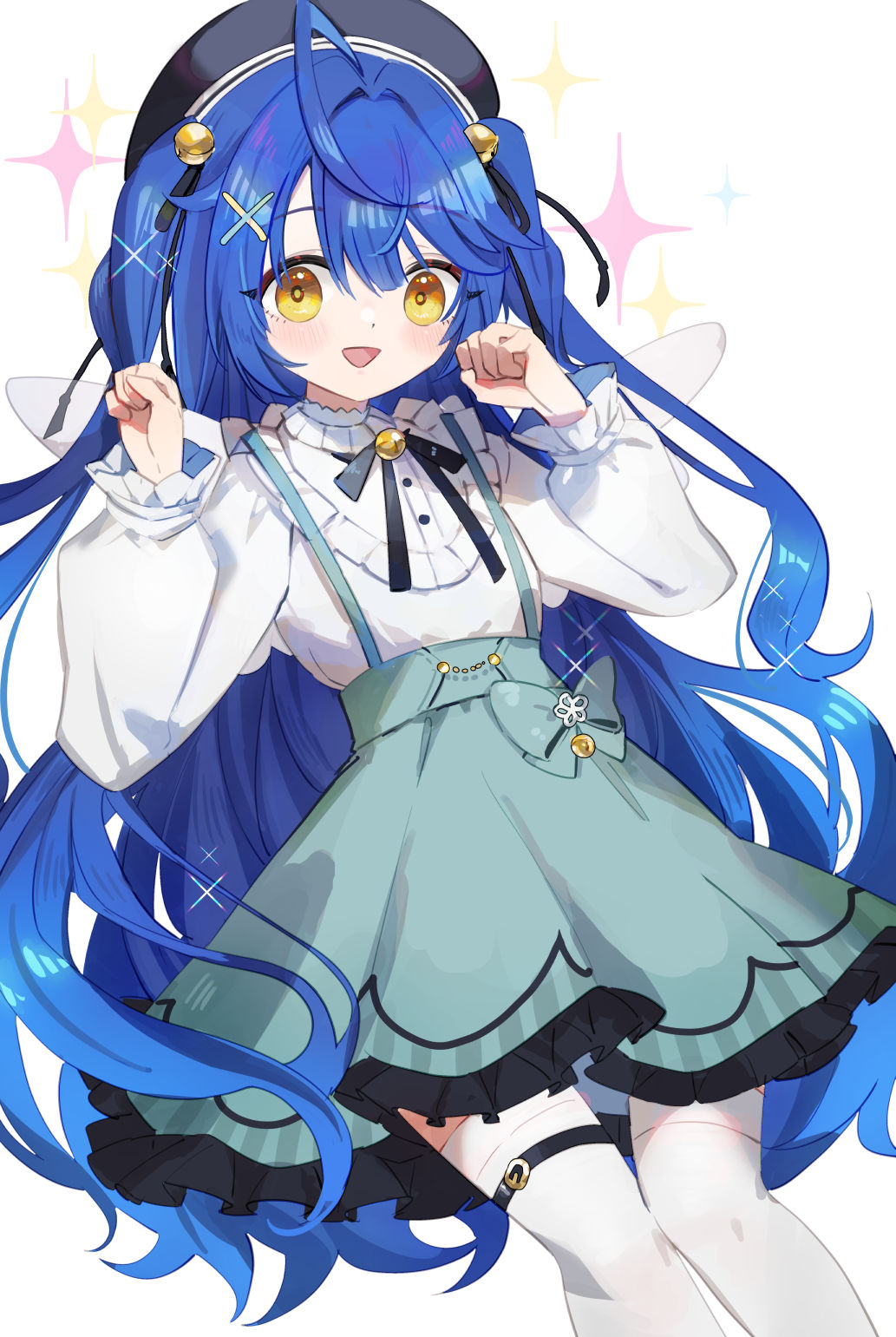 1girl :d ahoge amamiya_kokoro bell beret black_hat black_ribbon blue_hair blue_skirt blush clenched_hands commentary_request feet_out_of_frame frilled_skirt frills hair_bell hair_intakes hair_ornament hair_ribbon hairclip hands_up hat highres jingle_bell long_hair long_sleeves looking_at_viewer nijisanji puffy_long_sleeves puffy_sleeves ribbon shadowsinking shirt simple_background skirt smile solo sparkle_background suspender_skirt suspenders thighhighs two_side_up very_long_hair virtual_youtuber white_background white_shirt white_thighhighs x_hair_ornament yellow_eyes