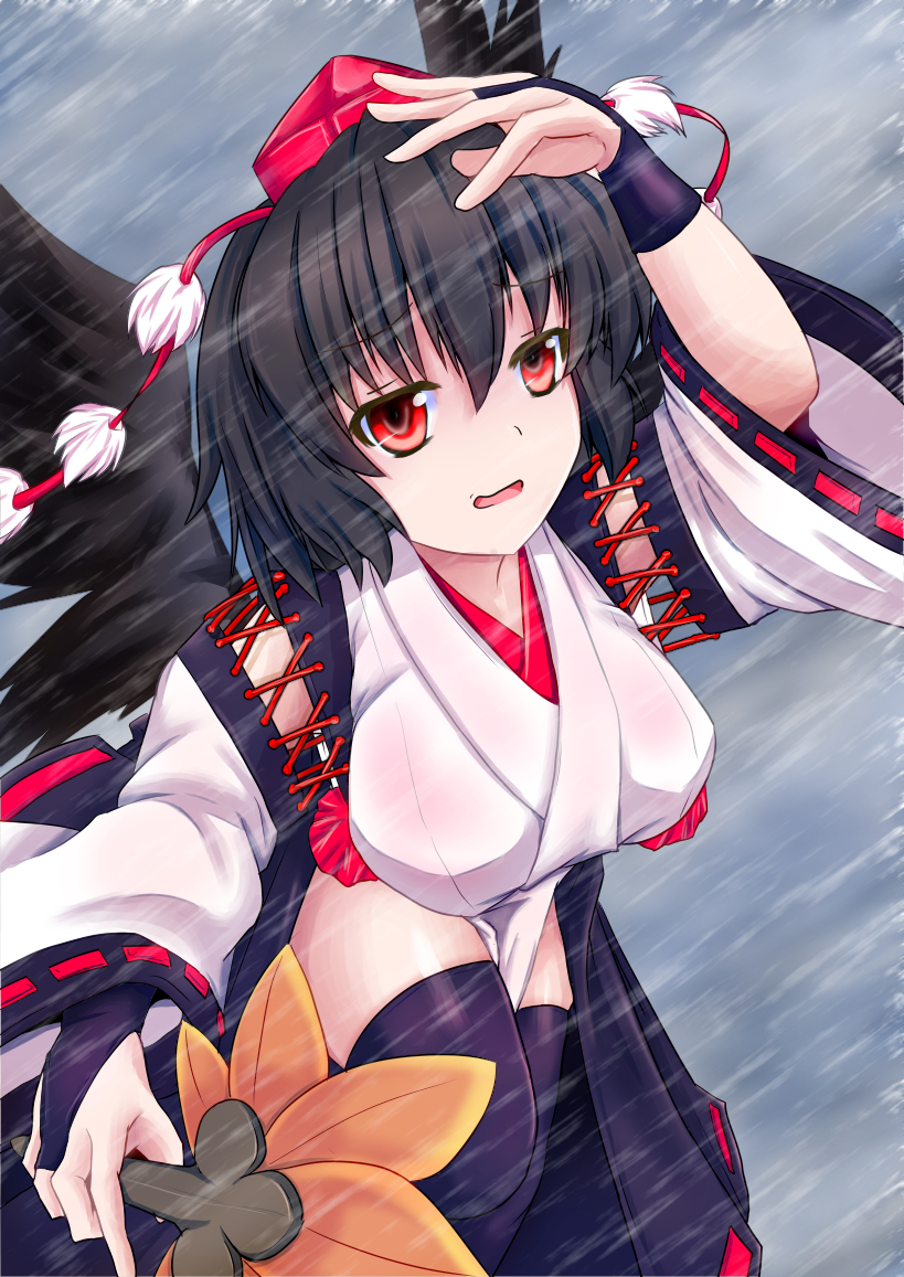 1girl bird_wings black_gloves black_hair black_thighhighs black_wings breasts detached_sleeves feathered_wings fingerless_gloves gloves hat hauchiwa japanese_clothes kimono kourindou_tengu_costume large_breasts long_sleeves parted_lips pom_pom_(clothes) rain red_eyes red_hat red_ribbon ribbon ribbon-trimmed_sleeves ribbon_trim shameimaru_aya short_hair tetsuhige thighhighs tokin_hat touhou white_kimono white_sleeves wide_sleeves wings