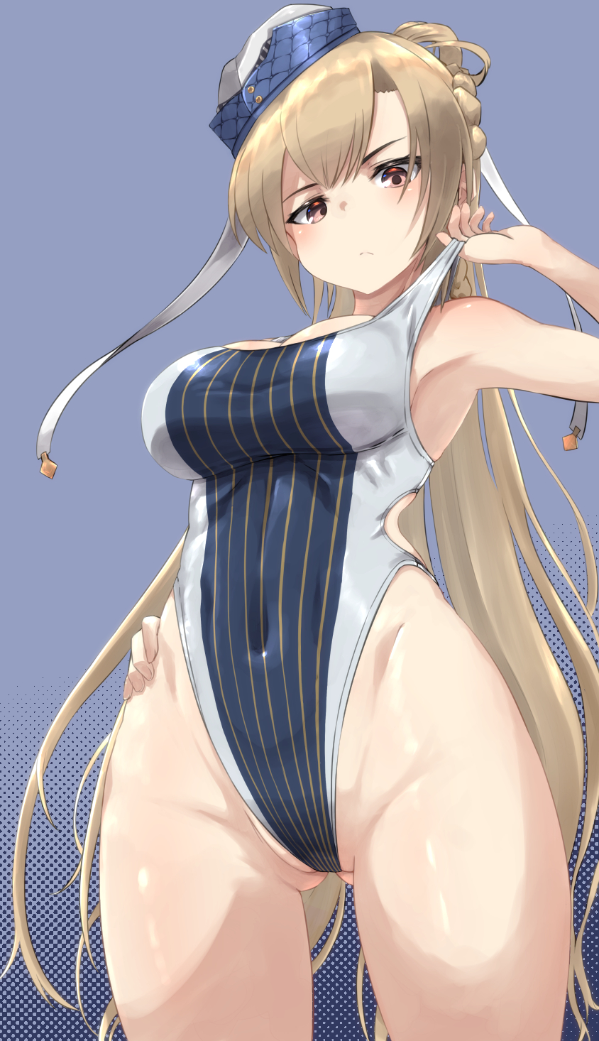 1girl blonde_hair boys_(girls'_frontline) breasts brown_eyes clothes_pull covered_navel cowboy_shot expressionless girls'_frontline hand_on_own_hip hat highleg highleg_swimsuit highres long_hair looking_at_viewer one-piece_swimsuit one-piece_swimsuit_pull pulled_by_self simple_background solo striped_clothes striped_one-piece_swimsuit swimsuit zafuri_(yzrnegy)