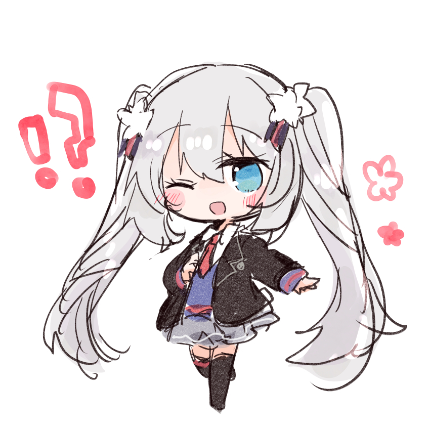 !? 1girl ;d black_jacket black_thighhighs blue_eyes blue_sweater blush chibi chibi_only collared_shirt fate/grand_order fate_(series) flower full_body grey_hair grey_skirt hair_between_eyes hair_ornament jacket long_hair looking_at_viewer marie_antoinette_(alter)_(fate) marie_antoinette_(fate) necktie one_eye_closed open_clothes open_jacket open_mouth outstretched_arm red_necktie school_uniform shio_kuzumochi shirt simple_background skirt smile solo standing standing_on_one_leg sweater thighhighs twintails very_long_hair white_background white_shirt wing_collar