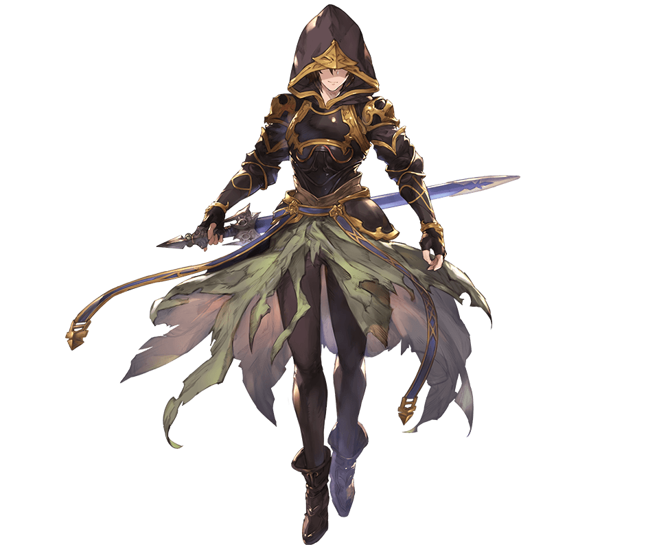 1boy ahoge ankle_boots armor belt bishounen black_pants boots breastplate brown_hair cape evil_smile fingerless_gloves floating_cape full_body gloves gold_trim granblue_fantasy green_cape hair_between_eyes hip_armor holding holding_sword holding_weapon hood hood_up light_smile looking_at_viewer minaba_hideo official_art pants sandalphon_(granblue_fantasy) scabbard shaded_face sheath shoulder_armor smile sword tachi-e tight_clothes tight_pants transparent_background weapon
