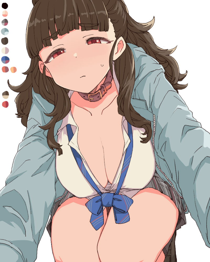 1girl alternate_breast_size blue_bow blue_bowtie blue_jacket blunt_bangs bow bowtie breasts brown_eyes brown_hair choker cleavage collarbone color_guide idolmaster idolmaster_cinderella_girls jacket kamiya_nao large_breasts long_hair red_eyes shirt skirt solo striped_clothes striped_skirt thick_eyebrows thighs toriga_naku white_background white_shirt