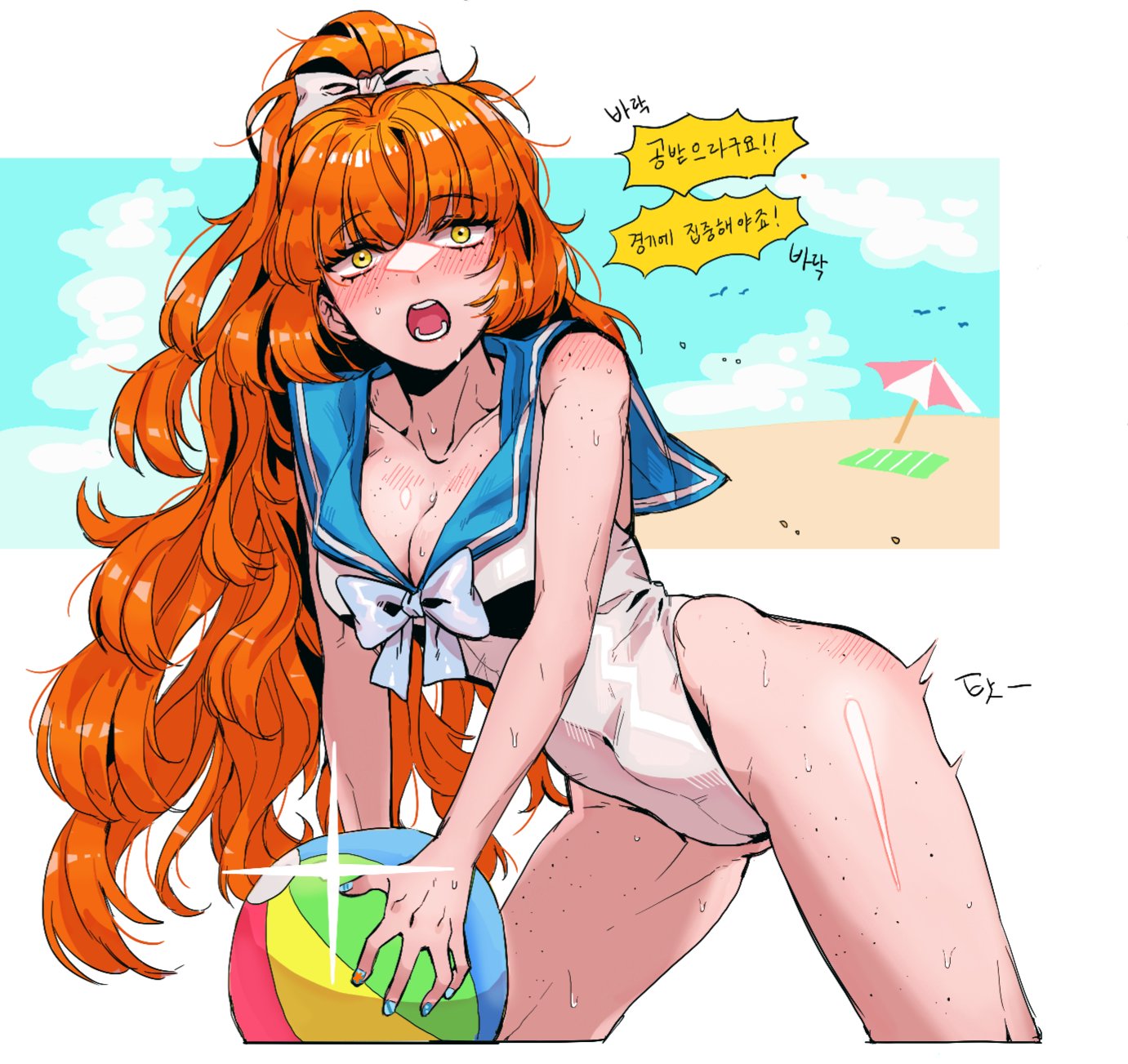 1girl ball beach beachball blue_bow blue_bowtie blue_sailor_collar body_blush body_freckles bow bowtie breasts cleavage freckles high_ponytail highres holding holding_ball ishmael_(project_moon) korean_text limbus_company long_hair looking_at_viewer medium_breasts nyak_138 one-piece_swimsuit open_mouth outdoors project_moon sailor_collar solo sun swimsuit very_long_hair white_bow white_one-piece_swimsuit