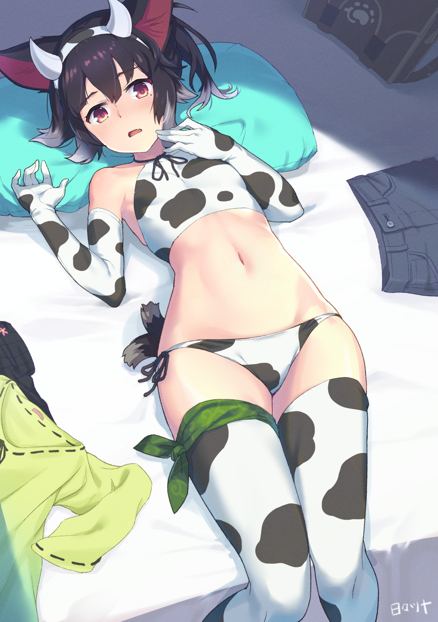 1girl \||/ animal_ears animal_print artist_name bag bare_shoulders bed_sheet bikini bikini_day black_hair blush breasts collarbone colored_tips cow_horns cow_print cow_print_bikini cow_print_gloves cow_print_thighhighs denim elbow_gloves fake_horns fang feet_out_of_frame gloves hands_up head_on_pillow hibi_tsuna highres horns jeans lying mole multicolored_hair navel on_back open_mouth orange_eyes original pants print_bikini print_gloves print_thighhighs short_hair side-tie_bikini_bottom skin_fang skirt small_breasts solo stomach swimsuit tail thighhighs unworn_pants unworn_shirt unworn_skirt