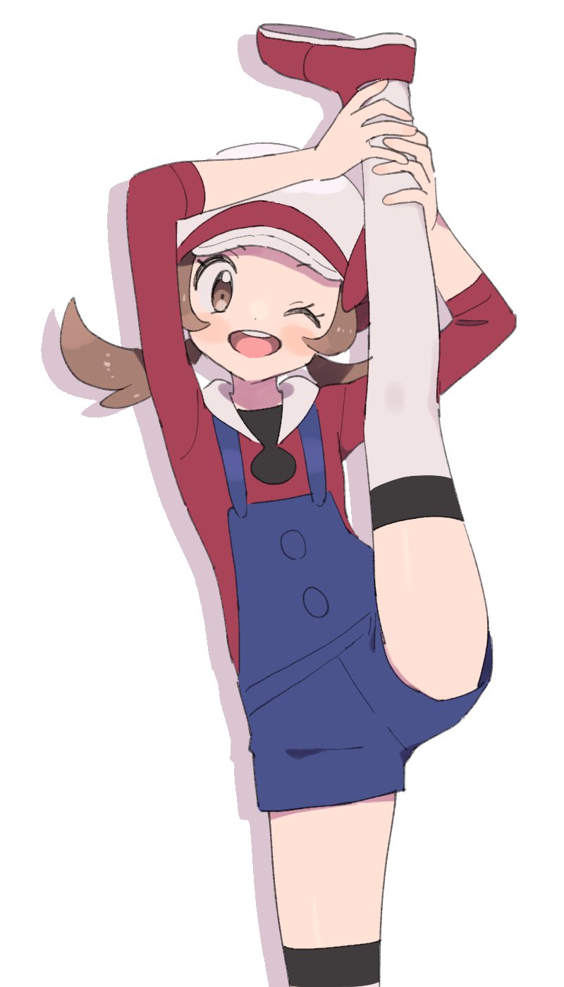 1girl ;d blue_overalls brown_eyes brown_hair cabbie_hat hat highres leg_up long_sleeves looking_at_viewer lyra_(pokemon) one_eye_closed open_mouth overalls pokemon pokemon_hgss pumpkinpan red_footwear red_shirt shirt shoes sleeves_past_elbows smile solo split standing standing_on_one_leg standing_split teeth thighhighs twintails upper_teeth_only white_background white_hat white_thighhighs