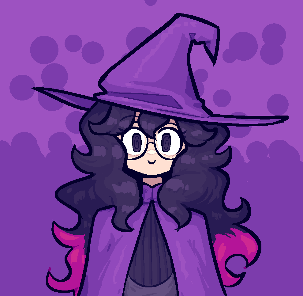 1girl @_@ black_hair cape commentary cosplay english_commentary glasses hair_between_eyes hat hex_maniac_(pokemon) hex_maniac_(pokemon_rse) hex_maniac_(pokemon_rse)_(cosplay) long_hair multicolored_hair pink_hair pokemon pokemon_xy purpienamako purple_background purple_cape purple_eyes purple_hat round_eyewear smile solo two-tone_background two-tone_hair witch_hat