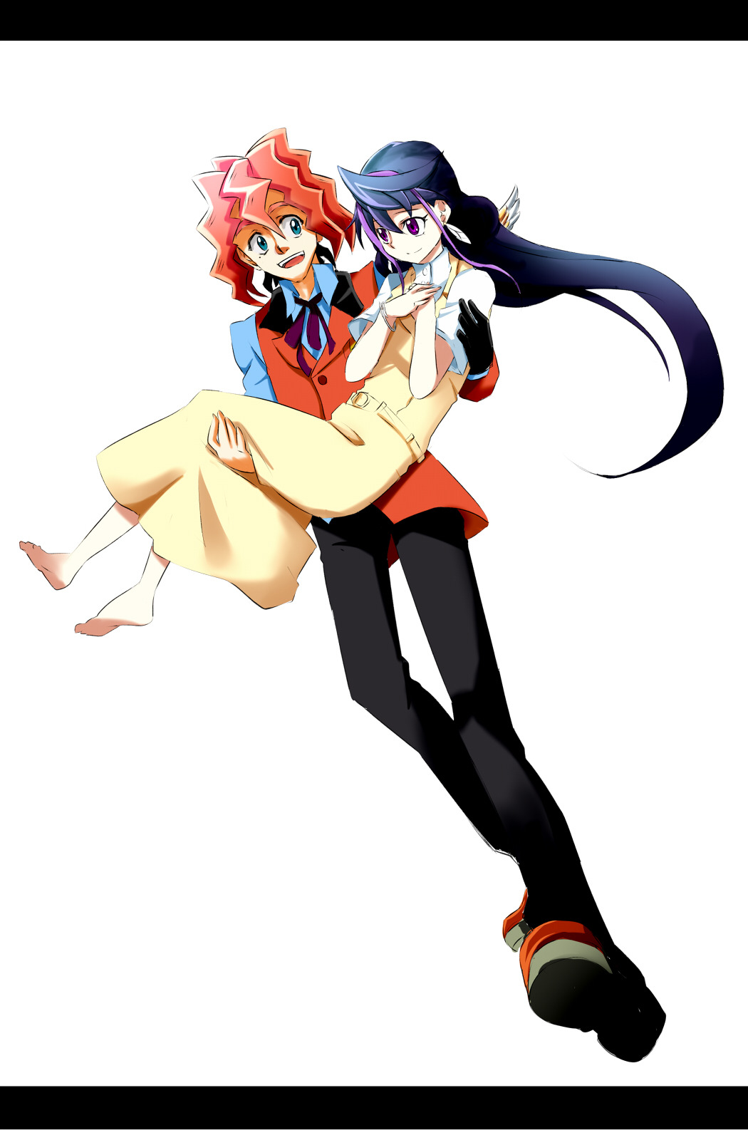 1boy 1girl black_pants carrying dennis_macfield dress highres kurosaki_ruri orange_hair pants princess_carry purple_hair red_eyes white_background yu-gi-oh! yu-gi-oh!_arc-v