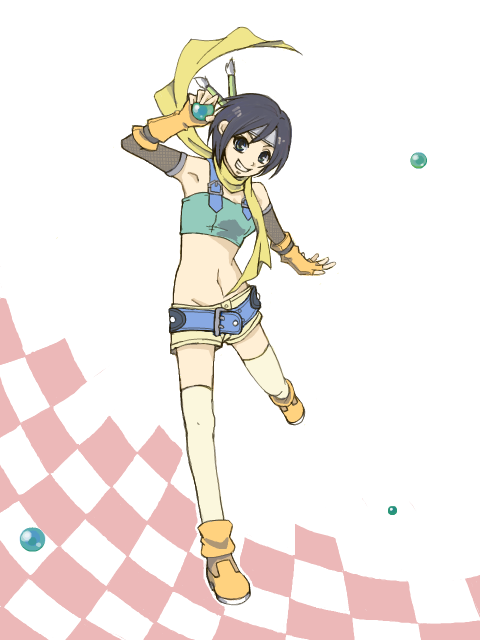 1girl arm_up belt black_hair blue_belt bob_cut boots checkered_background crop_top elbow_gloves final_fantasy final_fantasy_vii fishnet_gloves fishnets foreshortening full_body gloves green_shirt grey_eyes grin happy headband holding_orb kingdom_hearts kingdom_hearts_i looking_at_viewer materia midriff navel orange_footwear orange_gloves outline running scarf shirt short_hair short_shorts shorts smile tegaki thighhighs white_background white_outline white_thighhighs yellow_scarf yellow_shorts yuffie_kisaragi yukiyo_usa