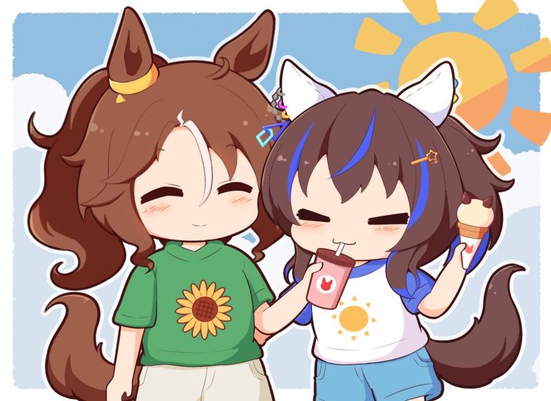 2girls ^_^ animal_ears blue_hair blue_shorts blue_sky blush_stickers brown_hair chibi closed_eyes closed_mouth cloud cup daitaku_helios_(umamusume) day disposable_cup drinking_straw floral_print food gomashio_(goma_feet) green_shirt hair_between_eyes hair_ornament hairclip holding holding_cup horse_ears horse_girl horse_tail ice_cream ice_cream_cone long_hair mejiro_palmer_(umamusume) multicolored_hair multiple_girls parted_bangs ponytail print_shirt raglan_sleeves shirt short_sleeves shorts side_ponytail sky smile star_(symbol) star_hair_ornament streaked_hair sun_print sun_symbol sunflower_print tail umamusume white_hair white_shirt white_shorts