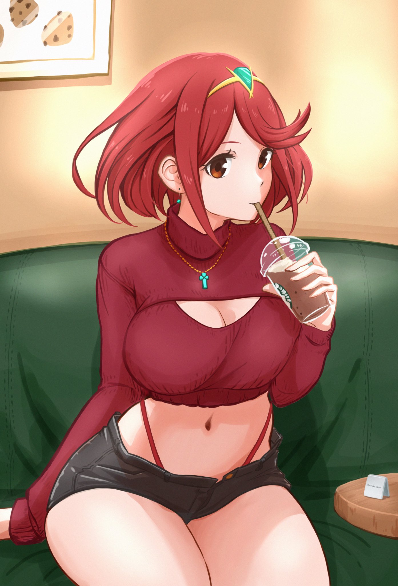 1girl alternate_costume breasts bubble_tea cleavage cleavage_cutout clothing_cutout couch cropped_sweater cup denim denim_shorts disposable_cup drinking_straw highleg highleg_panties highres holding holding_cup indoors jewelry large_breasts looking_at_viewer midriff navel necklace panties pyra_(xenoblade) red_eyes red_hair red_panties red_sweater short_hair shorts sitting solo sweater table tiara underwear wolkat xenoblade_chronicles_(series) xenoblade_chronicles_2