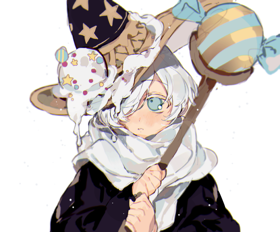 1boy black_cloak candy_wrapper cloak cookie_run food food_on_head hair_over_one_eye hat holding holding_staff humanization ice_cream object_on_head sapphire_(nine) scarf simple_background solo staff upper_body white_background white_hair white_scarf wizard_cookie wizard_hat