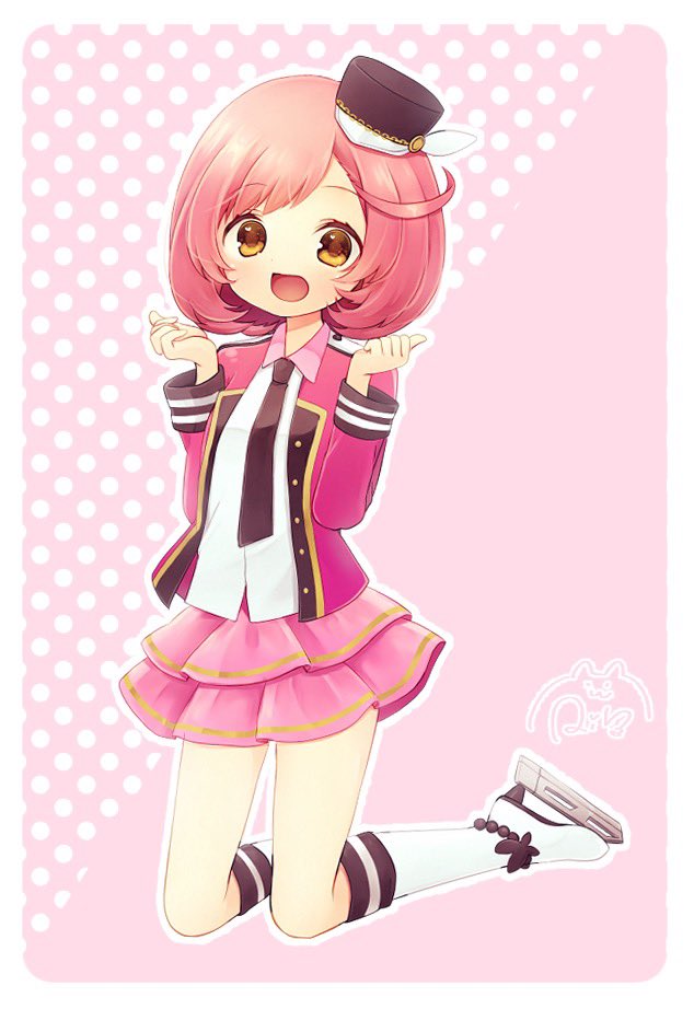 1girl :d ayase_naru boots border brown_eyes collared_shirt commentary_request full_body hands_up hat ice_skates idol_clothes jacket knee_boots layered_skirt looking_at_viewer mini_hat open_mouth outline pink_background pink_hair pink_jacket pink_skirt pretty_rhythm pretty_rhythm_rainbow_live pretty_series rin_(ikura_meshi) shirt short_hair signature skates skirt smile solo white_border white_outline white_shirt