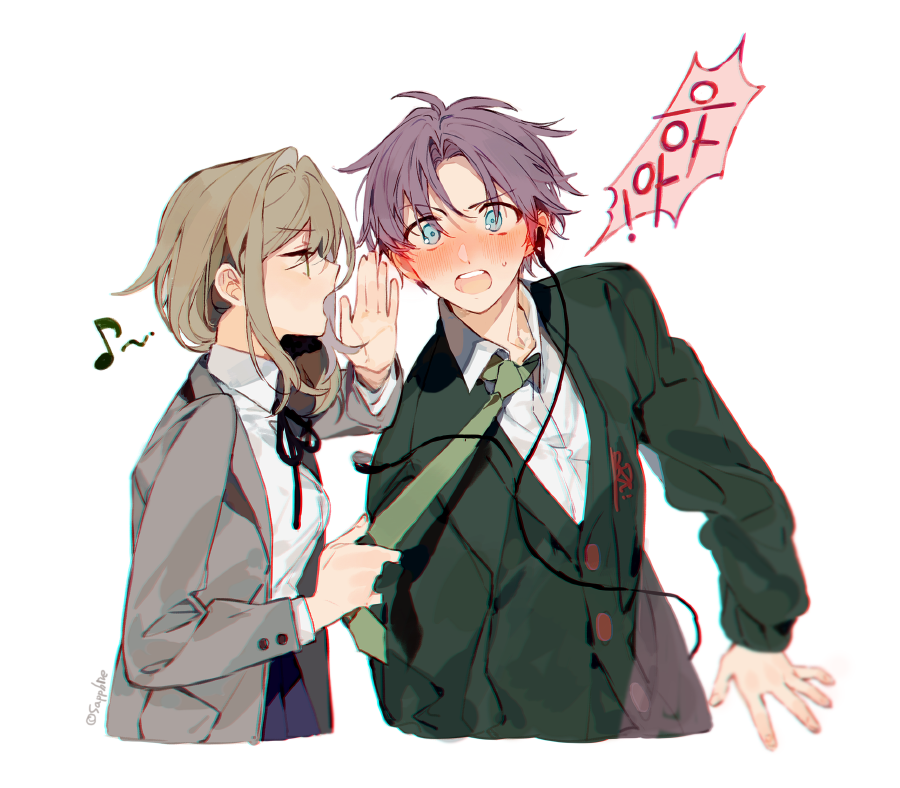 1boy 1girl blue_eyes blush buttons collared_shirt earphones gekkan_shoujo_nozaki-kun green_jacket green_necktie grey_jacket jacket korean_text long_sleeves looking_at_viewer neck_ribbon necktie necktie_grab neckwear_grab open_mouth purple_hair ribbon sapphire_(nine) seo_yuzuki shirt surprised translation_request wakamatsu_hirotaka white_shirt