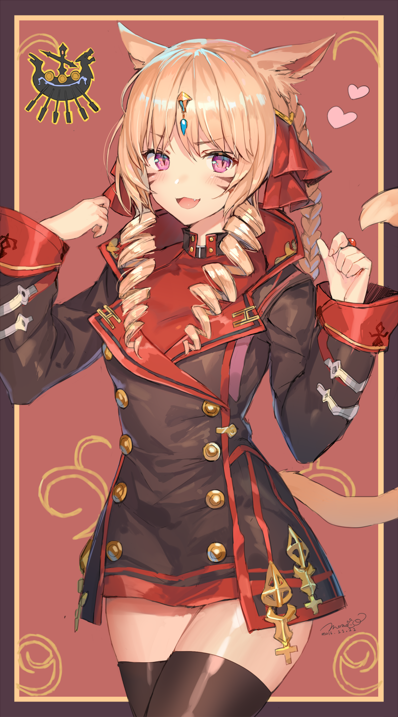 1girl animal_ears black_thighhighs blonde_hair blush braid cat_ears cat_girl cat_tail choker clenched_hands cowboy_shot curly_sidelocks dated drill_hair facial_mark fang final_fantasy final_fantasy_xiv hair_ornament hands_up heart highres jewelry long_hair miqo'te momoko_(momopoco) open_mouth pink_eyes ring shiny_skin signature smirk solo tail tail_raised thighhighs thighs twin_drills warrior_of_light_(ff14) whisker_markings zettai_ryouiki