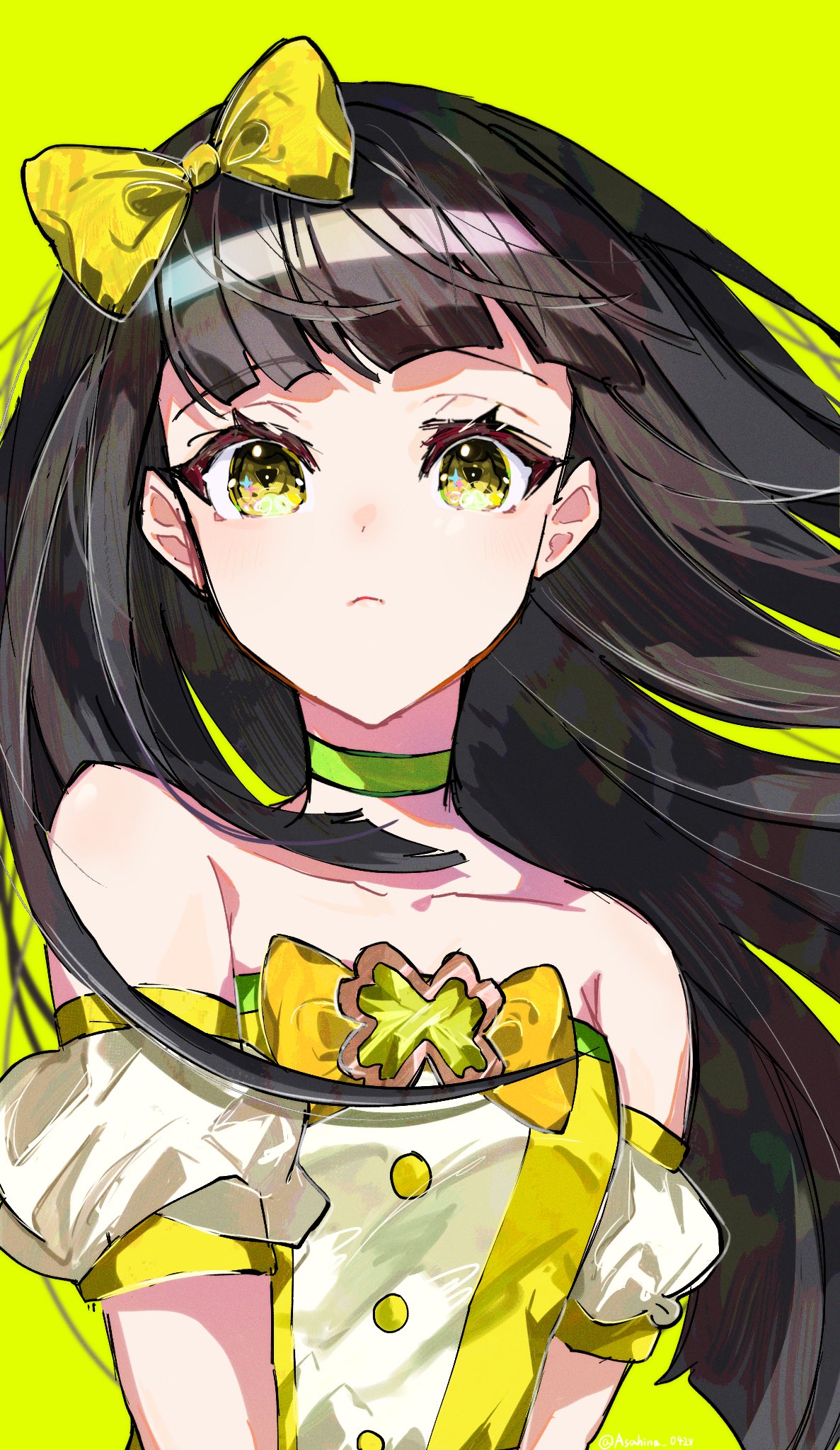 1girl asahina_(asahina_0428) bare_shoulders black_hair blunt_bangs bow choker closed_mouth commentary_request detached_sleeves green_background green_choker hair_bow highres himitsu_no_aipri idol_clothes long_hair looking_at_viewer mika_pikazo_(style) mystery_girl_(pretty_series) pretty_series puffy_detached_sleeves puffy_sleeves simple_background solo symbol-shaped_pupils triangle-shaped_pupils upper_body yellow_background yellow_bow yellow_eyes
