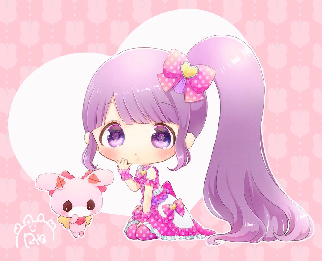 1girl blunt_bangs blush bow chibi closed_mouth commentary_request dress full_body hair_bow hand_up long_hair looking_at_viewer manaka_non pink_background pink_bow pink_dress pretty_series pripara purple_eyes purple_hair rin_(ikura_meshi) side_ponytail signature sitting solo usacha very_long_hair wrist_cuffs